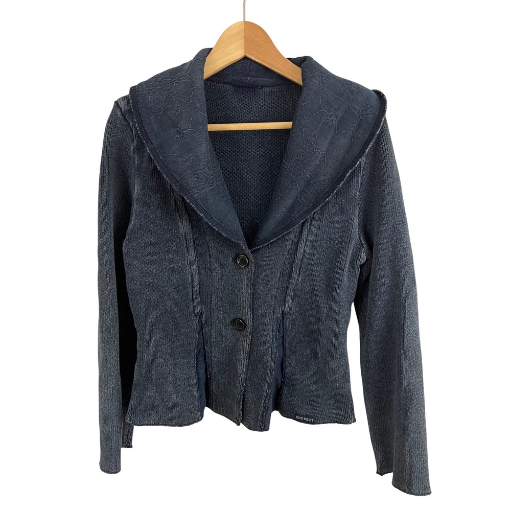 Blue Willi's Cardigan Sweater Women Small Blue‎ Cotton Knit Shawl Collar